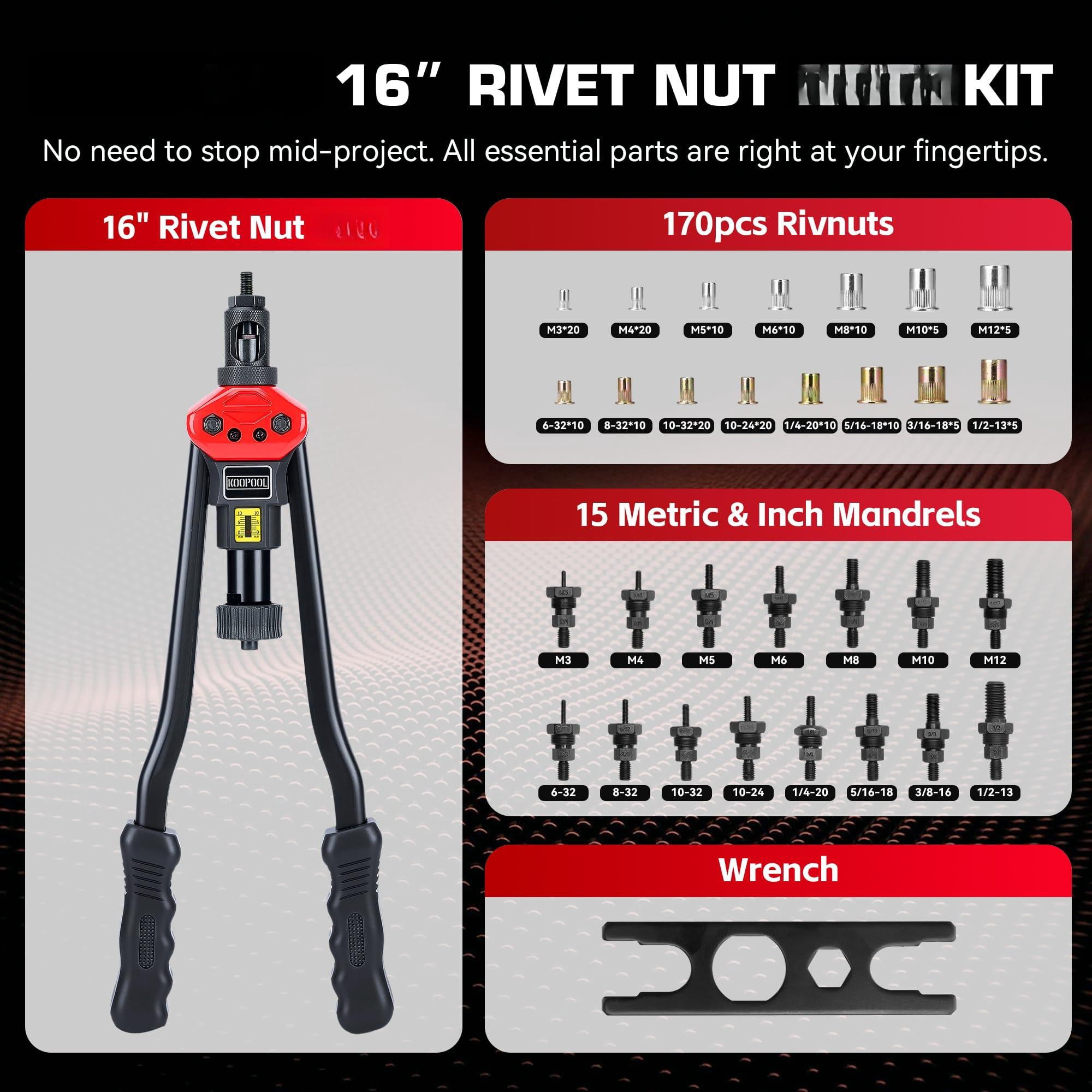16" Rivet Nut Tool Kit  Heavy-duty Rivnut/nutsert With 7 Mandrels (m6 M8 M10 1/4"-20*2 5/16"-18 3/8"-16) & 70 Nuts Rugged Rivnut Carrying Case (16")