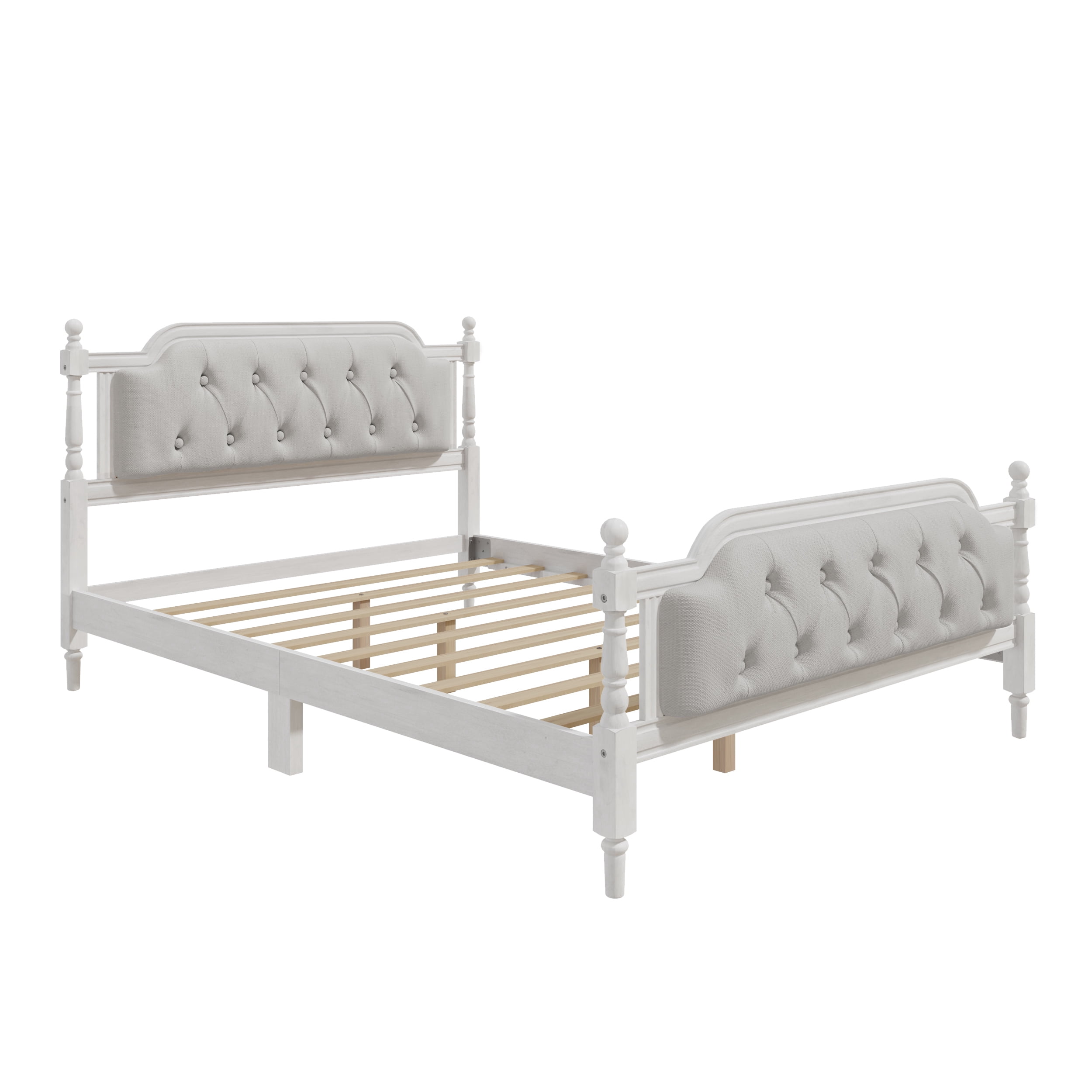 Euroco Traditional Wood Full Size Platform Bed with Upholstered Tufted Headboard, Antique White