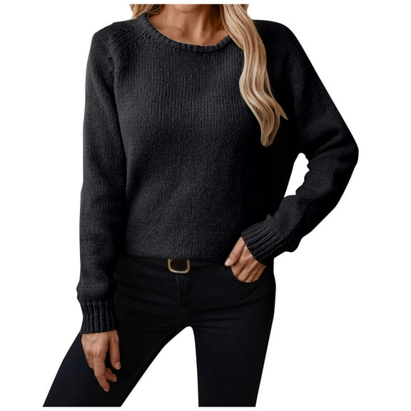 Scyoekwg Fall Sweaters for Women 2025 Solid Color Long Sleeve Fall Winter Clothes Warm Casual Crewneck Sweater Knitted Sweater Pullover Tops(Black,L)