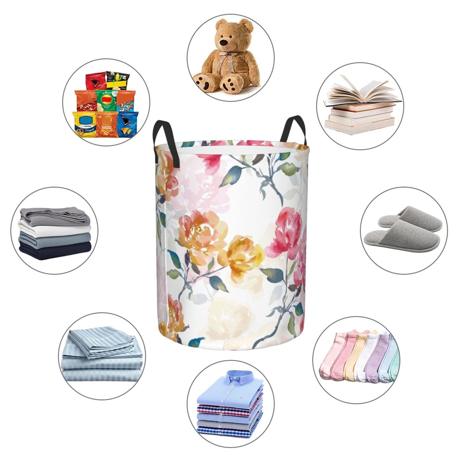 Rateoe Colorful Flowers Pattern Round Laundry Hamper Basket, Tall Hamper Basket for Blanket Storage, Nursery Clothes Hamper for Laundry in Bedroom and College Dorm-Medium