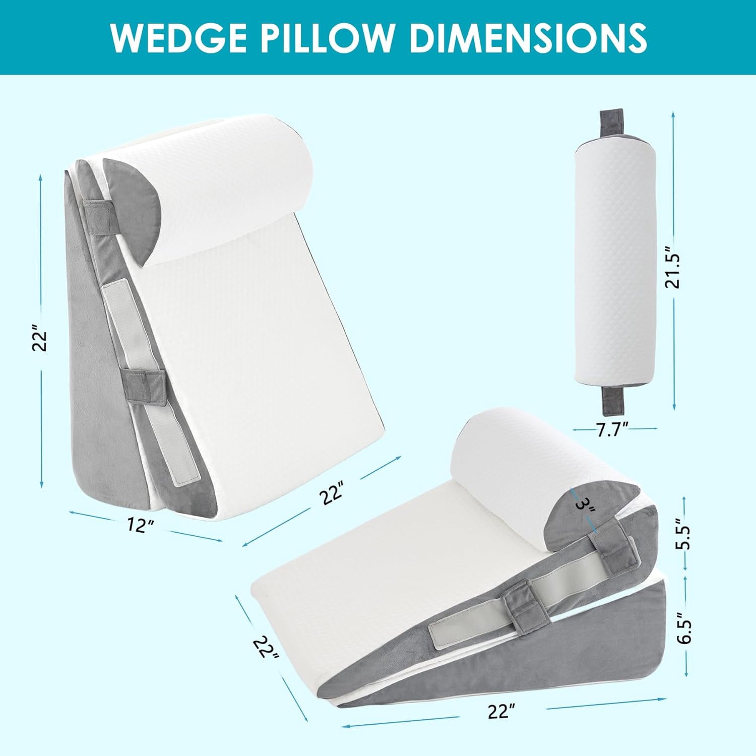 3Pcs Wedge Pillow Set for After Surgery,Acid Reflux Relief, Adjustable Bed Wedge Pillows for Sleeping,Anti Snore, Memory Foam Triangle Pillow for Back&Neck&Shoulder Pain Relief, White&Grey