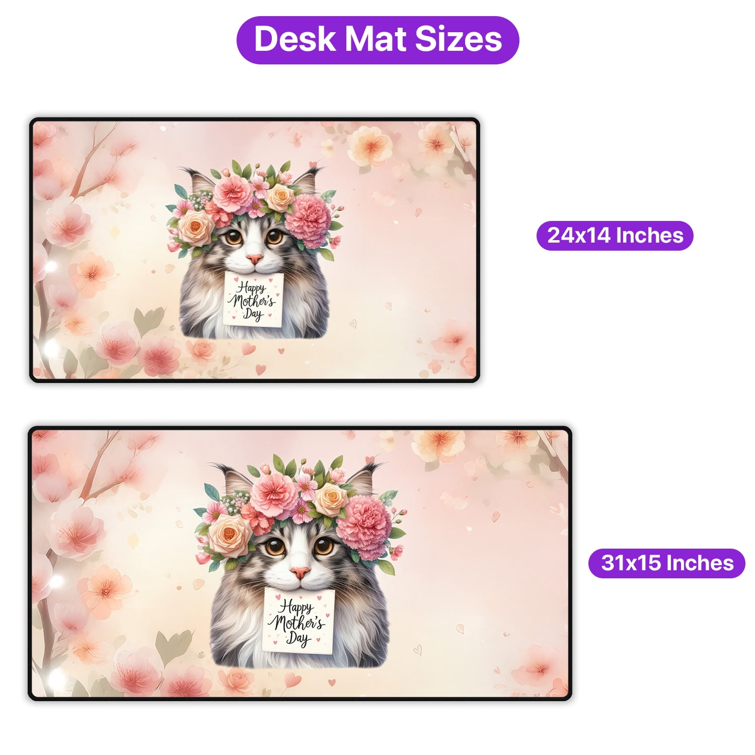 Happy Mother's Day Maine Coon with Flower Crown and Greeting Card Desk Mat Full Keyboard Mouse Pad Cat Lover Kitten Owner Gifts Large Mousepad - 13004