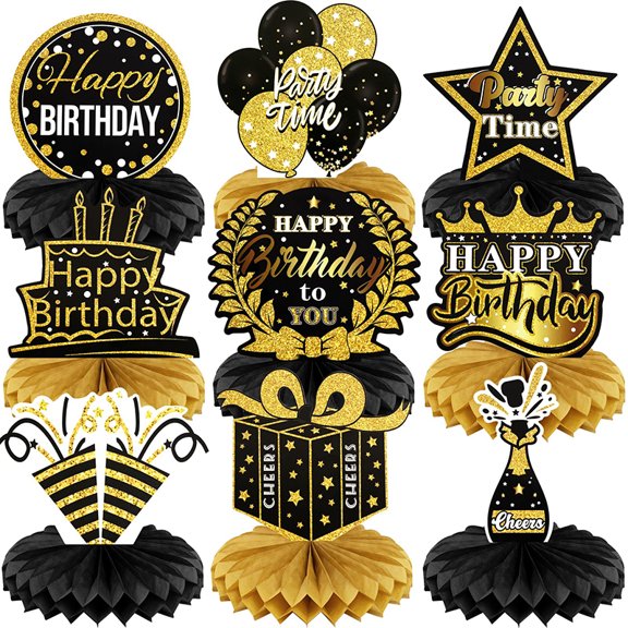 9 PCS Happy Birthday Party Table Decorations | Black And Gold Birthday Center Pieces For Table | Honeycomb Table Centerpieces