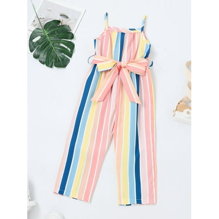 

Multicolor Toddler Girls Striped Print Belted Cami Jumpsuit Boho 110 S040E