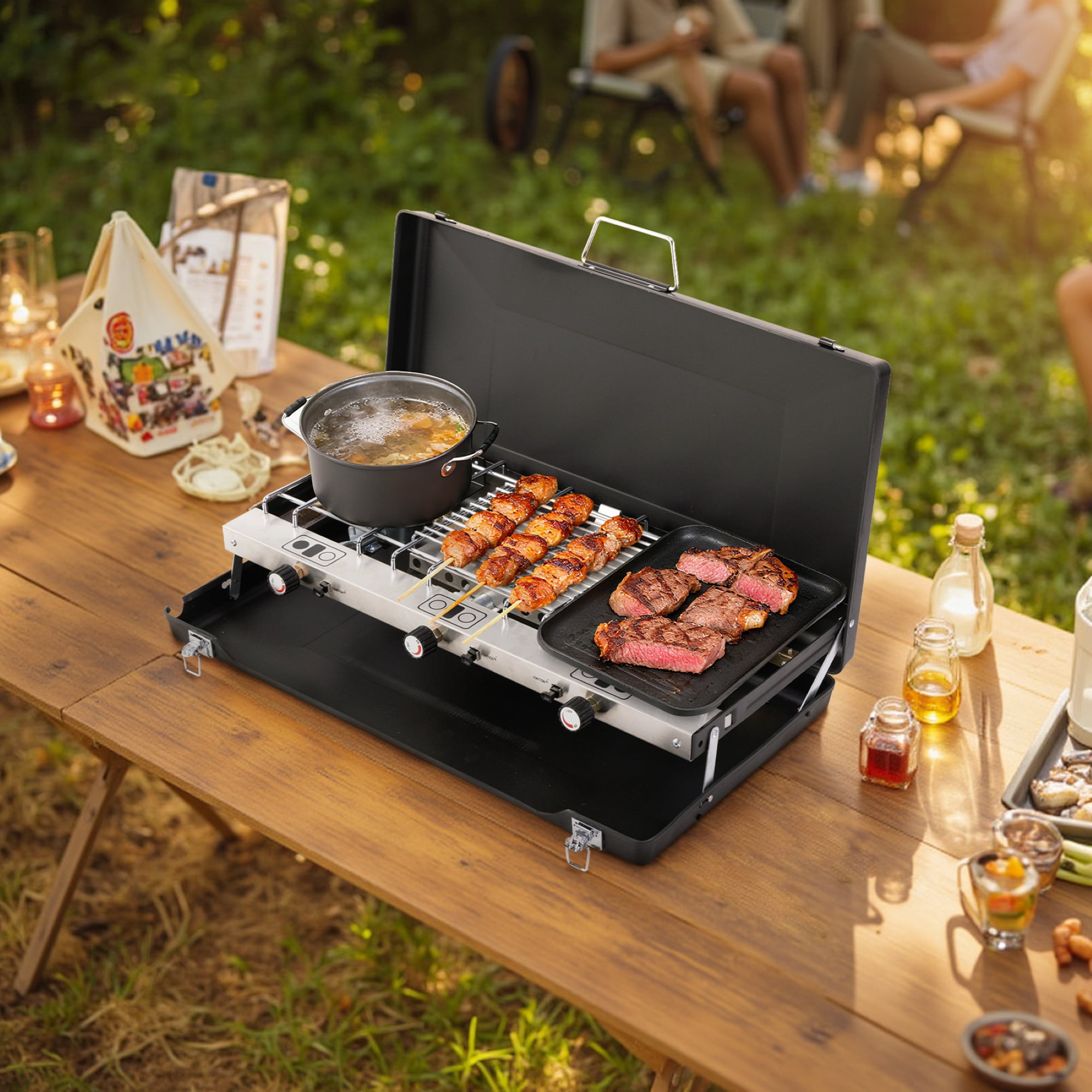 SaveJoy Portable Gas Grill, 3 Burner BBQ Propane Grill, Camping Stove with Hose Tank Adapter for Outdoor Cooking