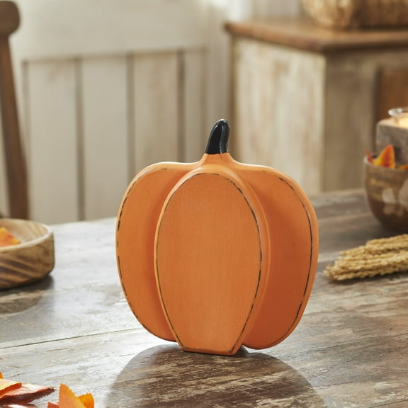 VHC Brands Short Orange Wooden Pumpkin, Fall and Halloween Home Decor for Tables and Shelves, Indoor Decorations for Tabletop Pumpkin Orange, Country Black, 8x9
