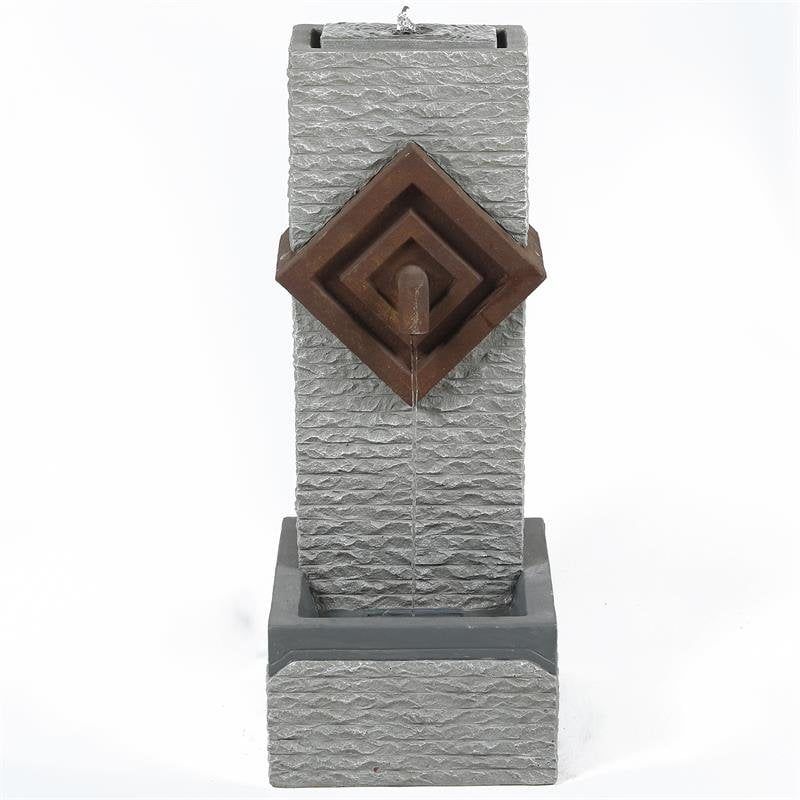 Luxenhome Gray And Brown Resin Column, Dane Resin Outdoor Floor Fountain With Light Fixture