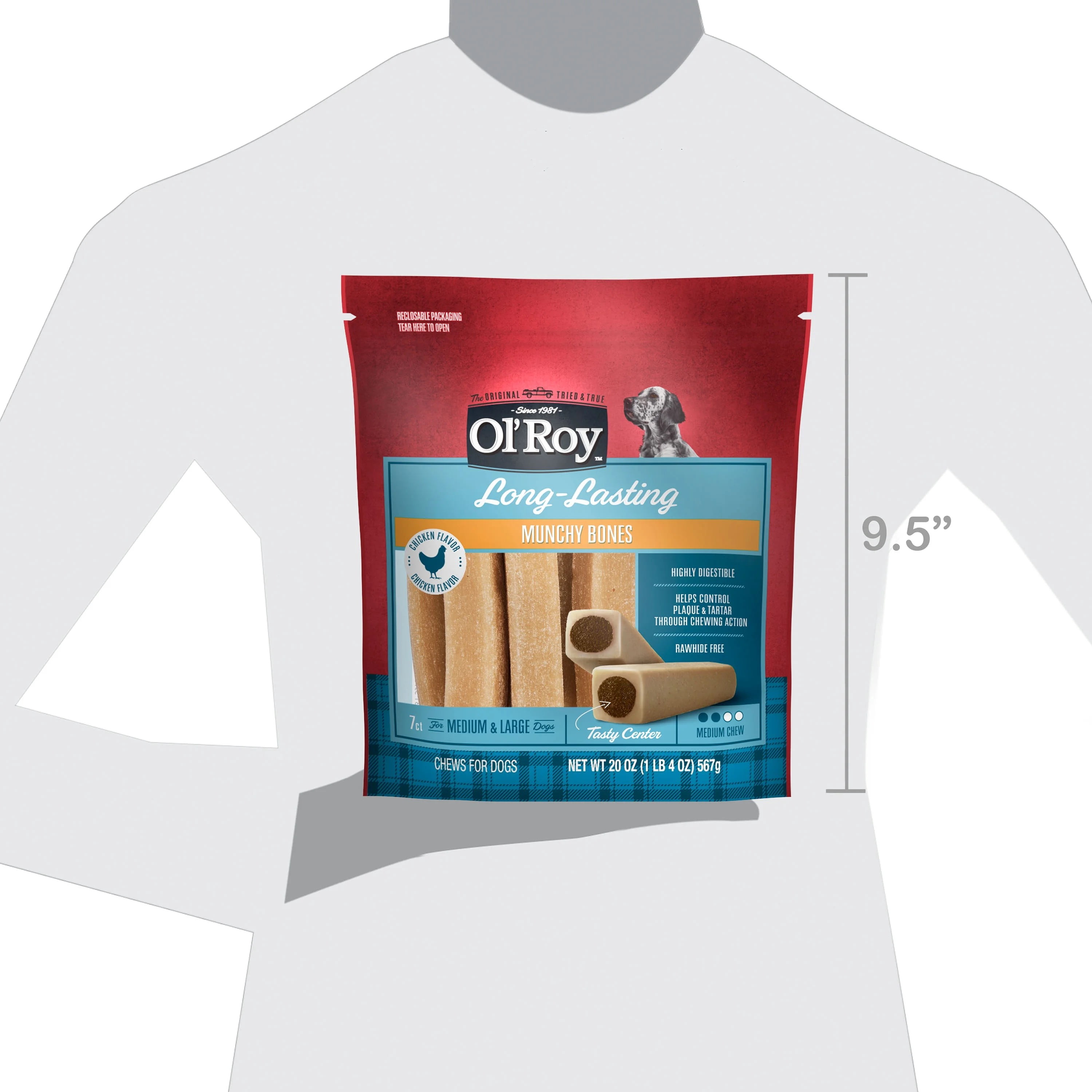 (4 pack) Ol' Roy Long-Lasting Chicken Flavor Munchy Bones Chews for Medium & Large Dogs, 20 oz, 7 Count
