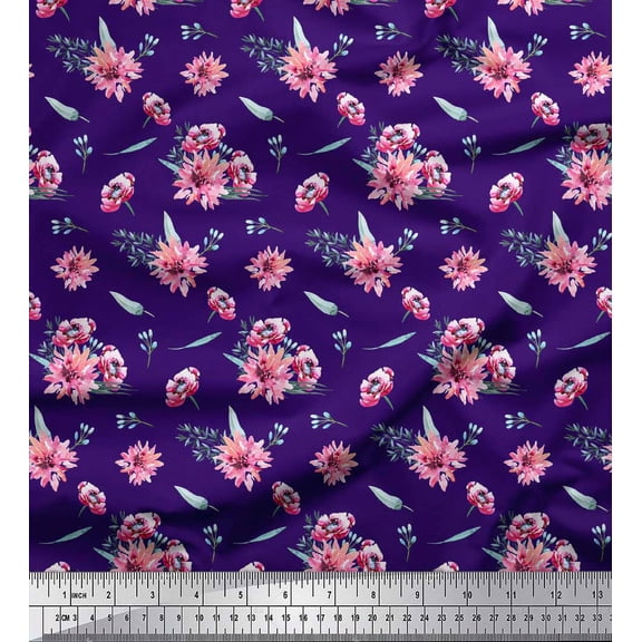 Soimoi Purple Cotton Duck Fabric Leaves & Chrysanthemum Floral Print Fabric by the Yard 42 Inch Wide