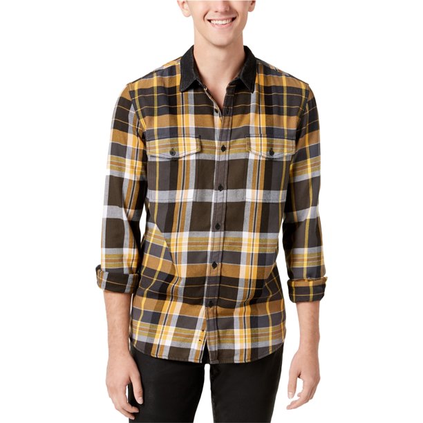 GUESS Camisa con botones cepillados para hombre, amarillo, grande