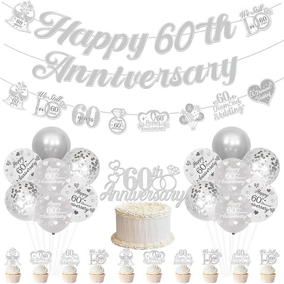 60th Diamond Wedding Anniversary Decorations, Happy 60th Anniversary Garlands Banner Cake Topppers Balloon Kit We Still Do 60 Years Cheers to 60 Years Celebration Party Supplies