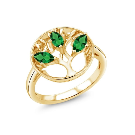 Gem Stone King 18K Yellow Gold Plated Silver Green Nano Emerald Family Tree of Life Ring for Women | 0.60 Cttw | Gemstone May Birthstone | Three Stone Wedding Anniversary Promise Ring| Size 5