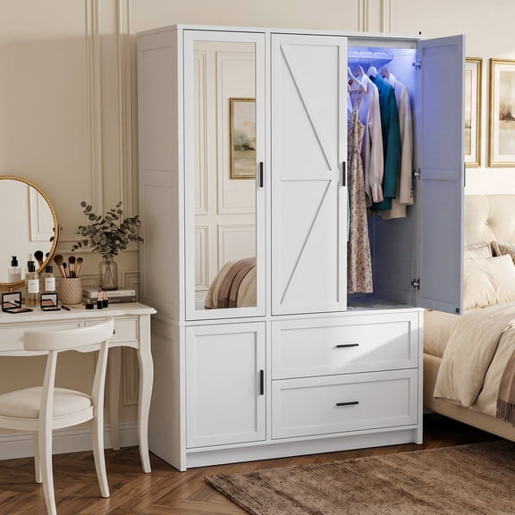 Frmobepts 70" Armoire Wardrobe Closet with Mirror, LED Wardrobe Armoire with 2 Drawers, 3 Door Wood Armoire Storage with Removable Hanging Rod for Bedroom,White