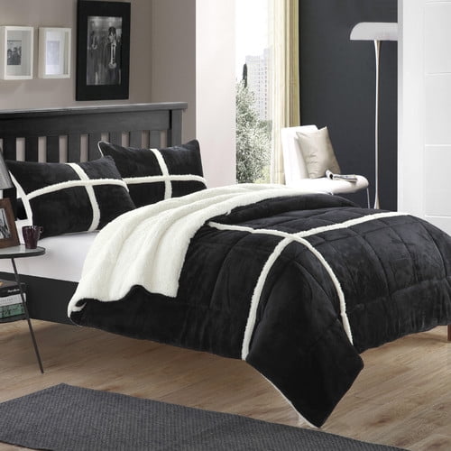 Chic Home Chloe 3 Piece Comforter Set Ultra Plush Micro Mink Sherpa Lined Bedding Decorative Pillow Shams Included Queen Black