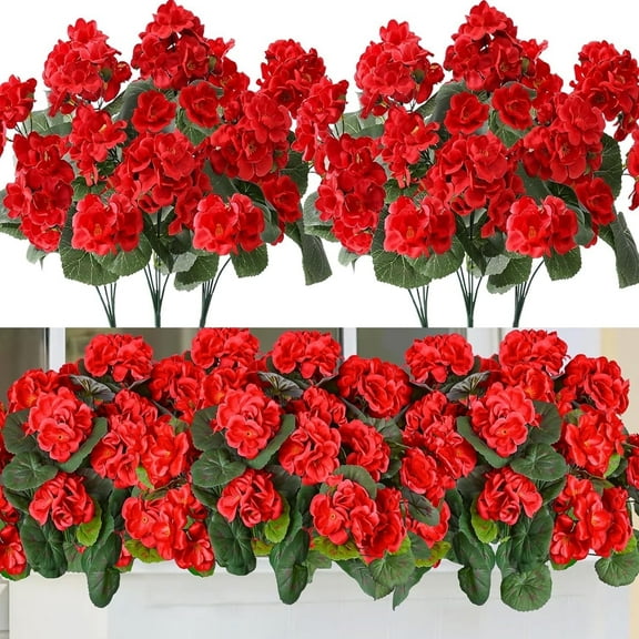 Artificial Geranium Silk Flowers for Outdoors Decoration,6 Bundles Red Flower UV Resistant Realistic Faux Plants for Front Door Garden Porch Planter Patio Balcony Yard Indoor Home