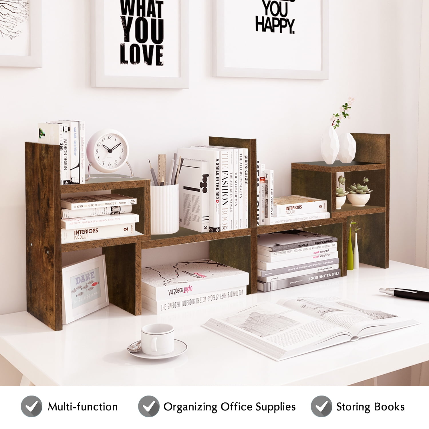 Adjustable Wood Desktop Organizer Office Storage Rack for Home Brown