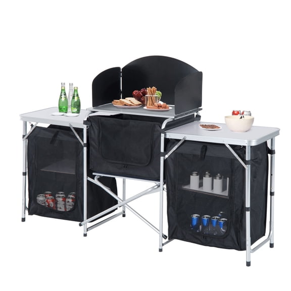 Outdoor Tables Outsunny Aluminum Portable Camping Kitchen Fold-Up Cooking Table With Windscreen and 3 Enclosed Cupboards for BBQ, Party, Picnics, Backyards,Patio Tables