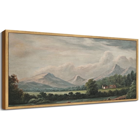 Drsoum Vintage Wall Art Country Village Landscape Painting Retro Mountain Meadow Scenery Farmhouse Kitchen Living Room Decor 8x16in Natural Framed
