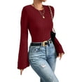 thumbnail image 3 of Women'S Bell Sleeve Crop Tops Dressy Casual Crewneck Lettuce Trim Ribbed Fitted Shirts Wine Red S, 3 of 9