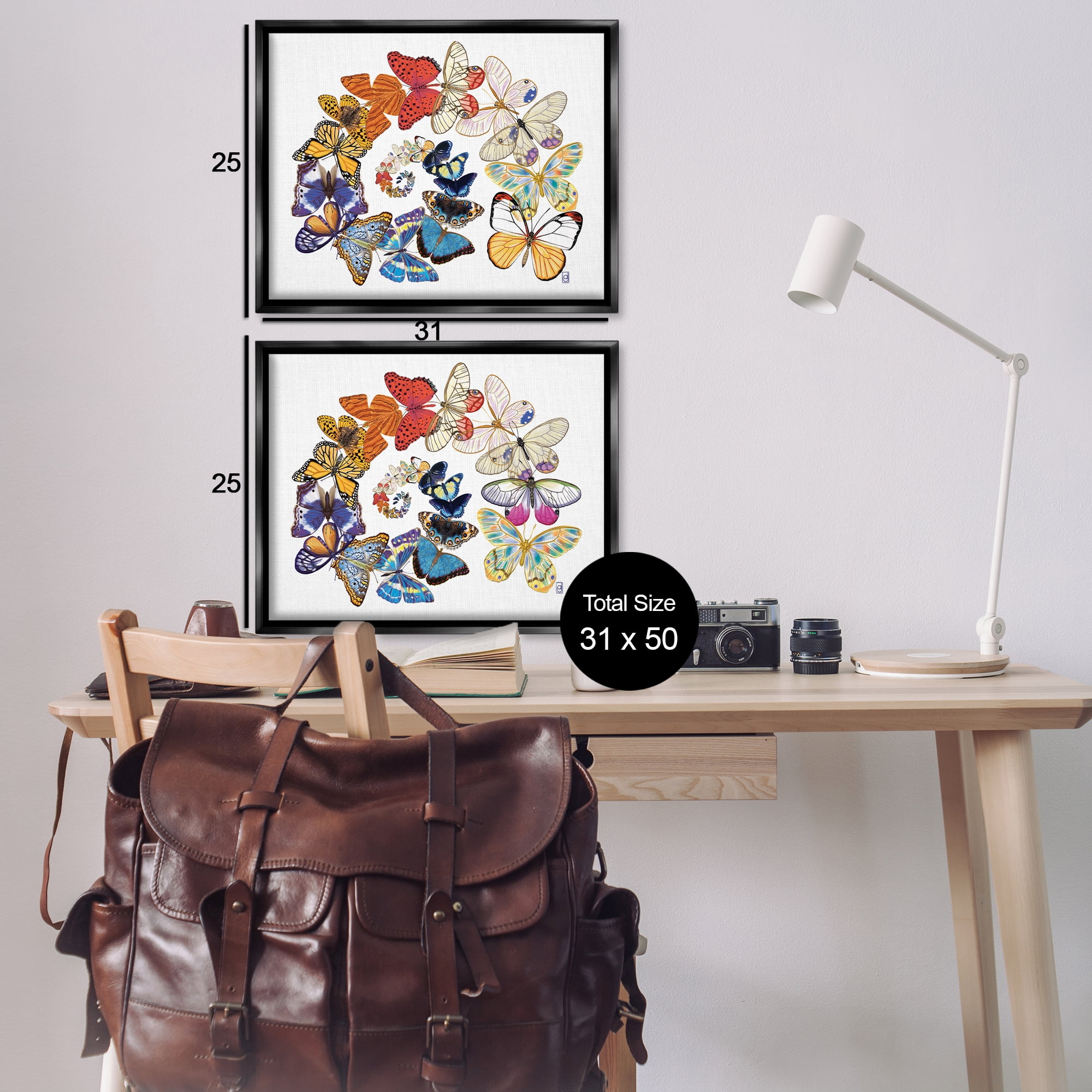 Stupell Industries Fly Away Butterfly Spirals Animals Painting Black Floater Framed Canvas Art Print Wall Art, 31 x 25, Set of 2