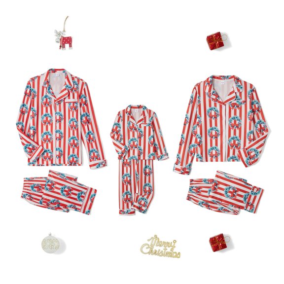 Michellecmm Family Matching Christmas Pajama Set, Striped Bow Wreath Print Long Sleeve Button Down Tops Elastic Waist Pants