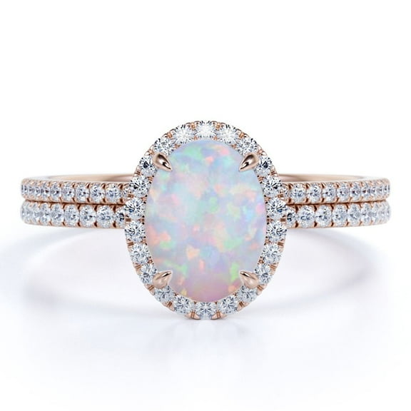 JeenMata Antique 1.75 ct Oval Cut Opal and Moissanite Wedding Ring Set in 18K Rose Gold over Silver