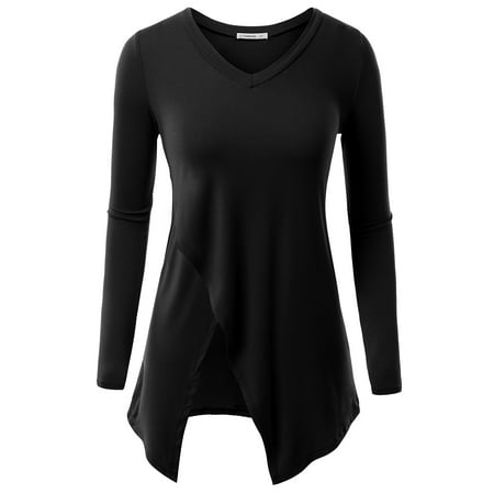 V-neck Vintage Tunic - Doublju Women's Basic V-Neck Long Sleeve Tunic Top with Crossover Hem With Plus Size BLACK 2XL