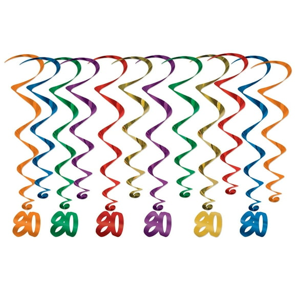 Beistle Pack of 12 Multi Assorted Colors “80” Birthday Whirls - 32”