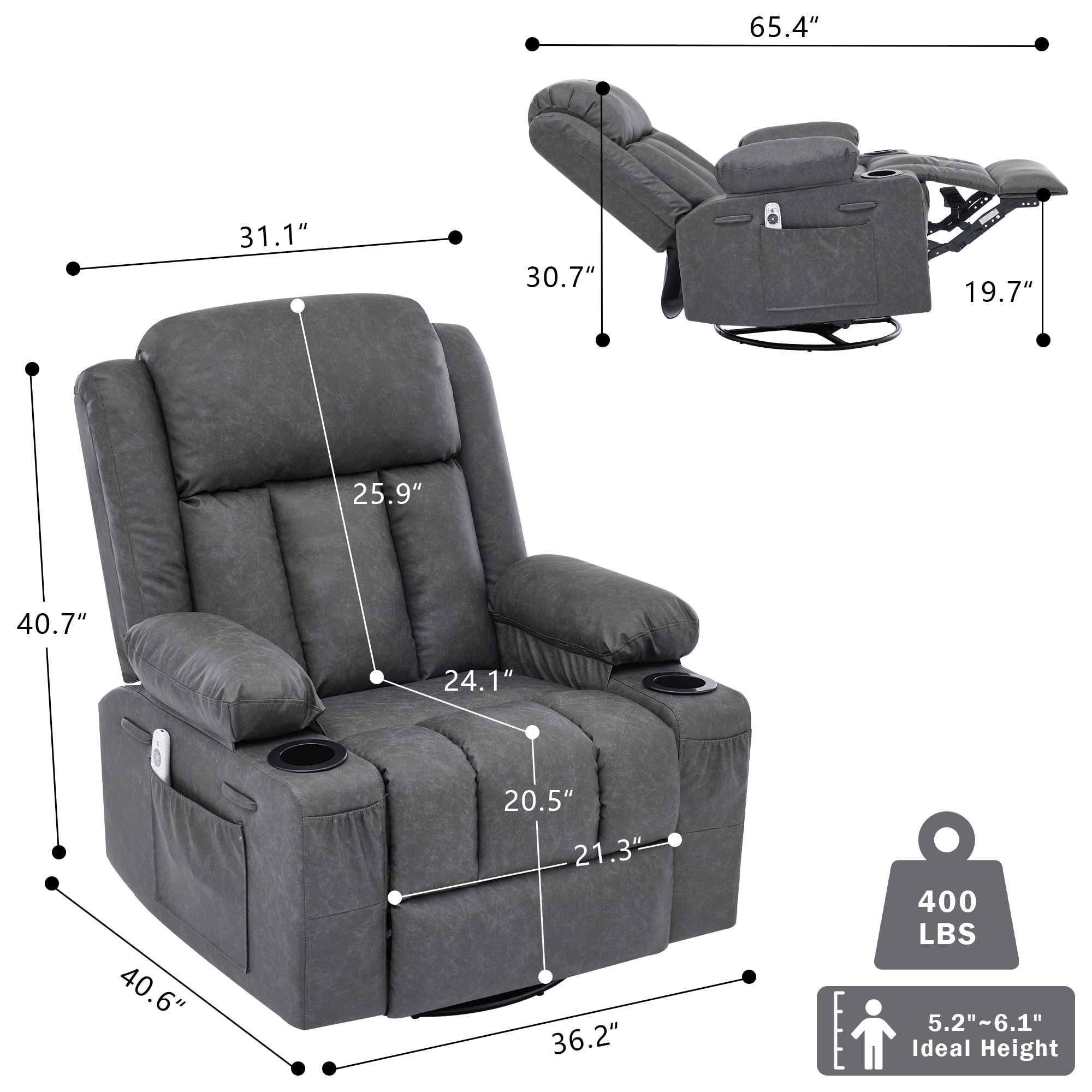 GAOHAPY Rocker Recliner Chair with Heat and Massage,360°Swivel Recliner Chair for Adults Elderly,Oversized Recliner Single Sofa Seat with 2 Cup Holders and Side Pocket(Grey)