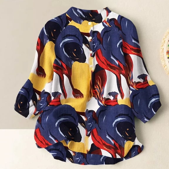 up to 60% off Gifts Usmixi Womens Tops Color Patchwork 3/4 Sleeve Crewneck Tee Shirts Summer Fashion Button Down Plus Size Comfy Cotton Linen Blouse Blue L Up to 65% off