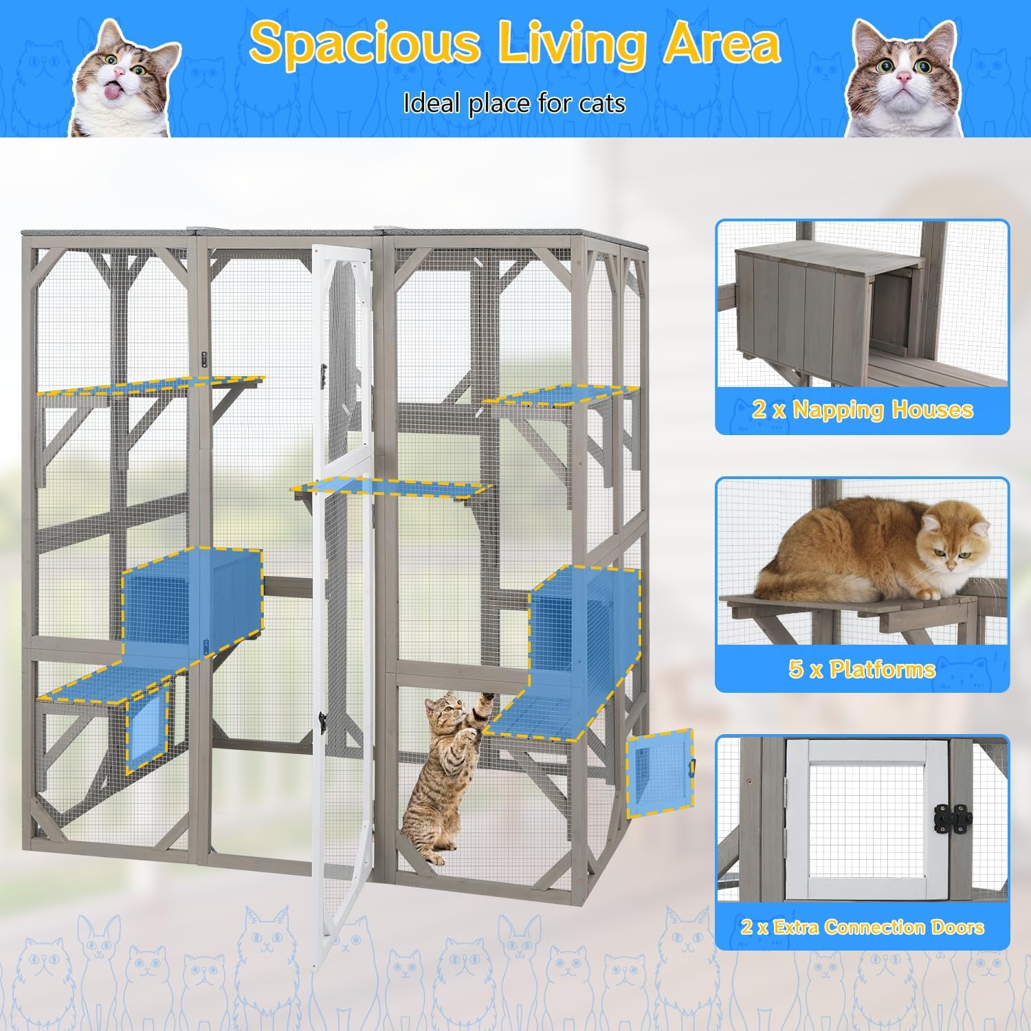 PETSCOSSET 71" Catio Outdoor Cat Enclosure Large Wooden Cat House with 5 Platforms for Multiple Cats