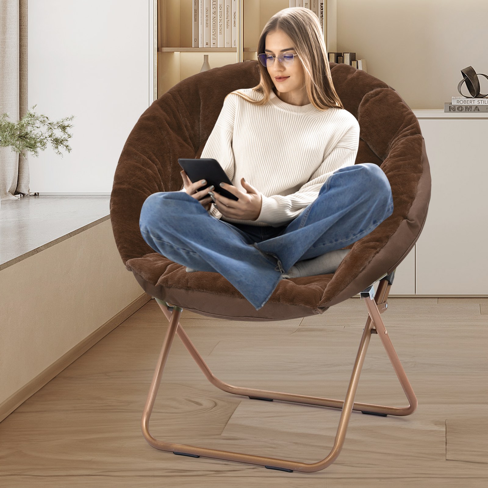 Magshion Folding Lounge Chair Comfy Faux Fur Saucer Chair, Cozy Moon Chair Seating with Metal Frame for Home Living Room Bedroom, Brown - image 4 of 10