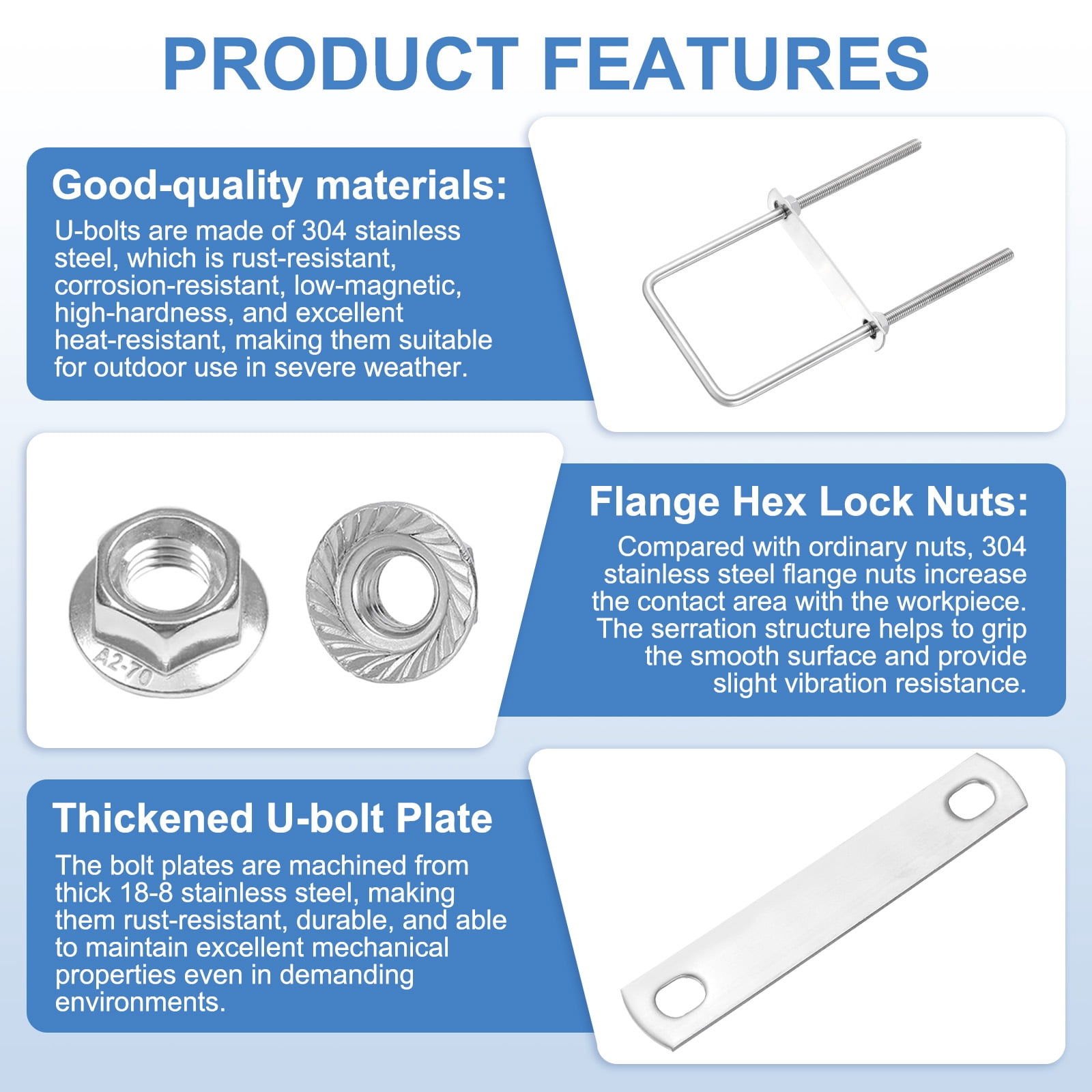 Uxcell 2 Set M8 3-1/8 Inch Inner Wide Square U Bolts, 7-7/8 Inch Length 304 Stainless Steel U-Bolts with Flange Hexagon Nuts, Frame Plates for Trailer, Automotive, (80mm W x 200mm L)