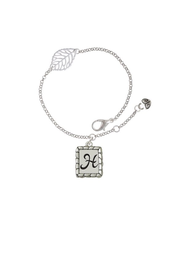Silvertone Pebble Border Initial - H - Silvertone Leaf Delicate Bracelet, 6.25+1.75"
