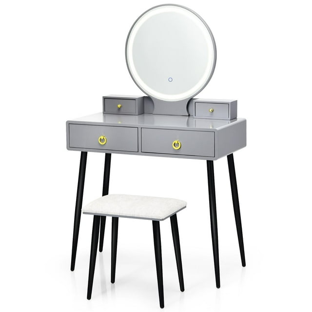 Giantex Ensemble de Coiffeuse avec Miroir Éclairé à 3 Couleurs à Intensité Réglable, Table de Maquillage pour Femmes et Filles, Gris