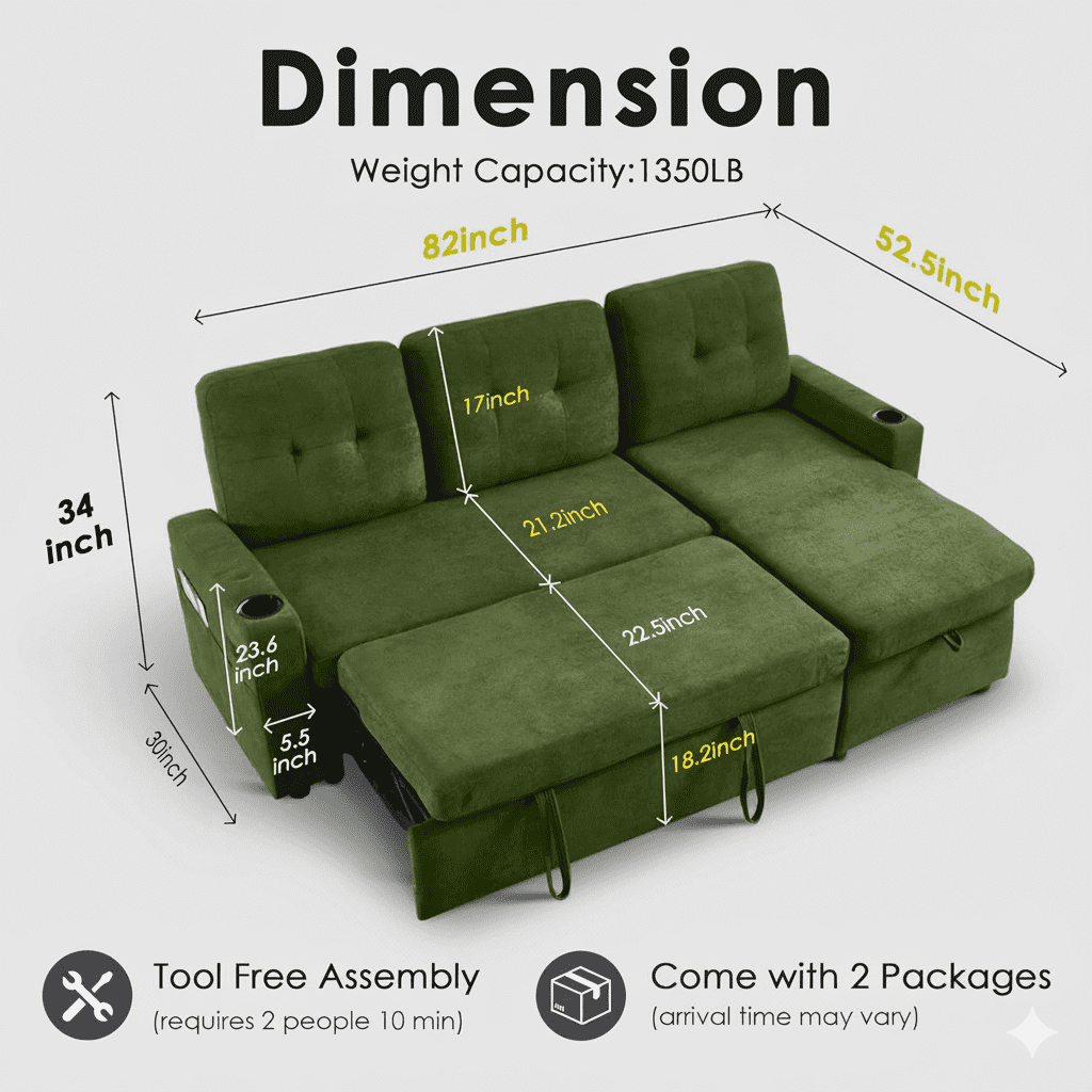 Convertible Sectional Sofa Bed, 82in Sleeper Sofa Bed with Storage Chaise for Living Room, Pull Out Couch L Shaped Couch with USB Charging Port, Cup Holder, Removable Backrest, Teddy Fabric, Green