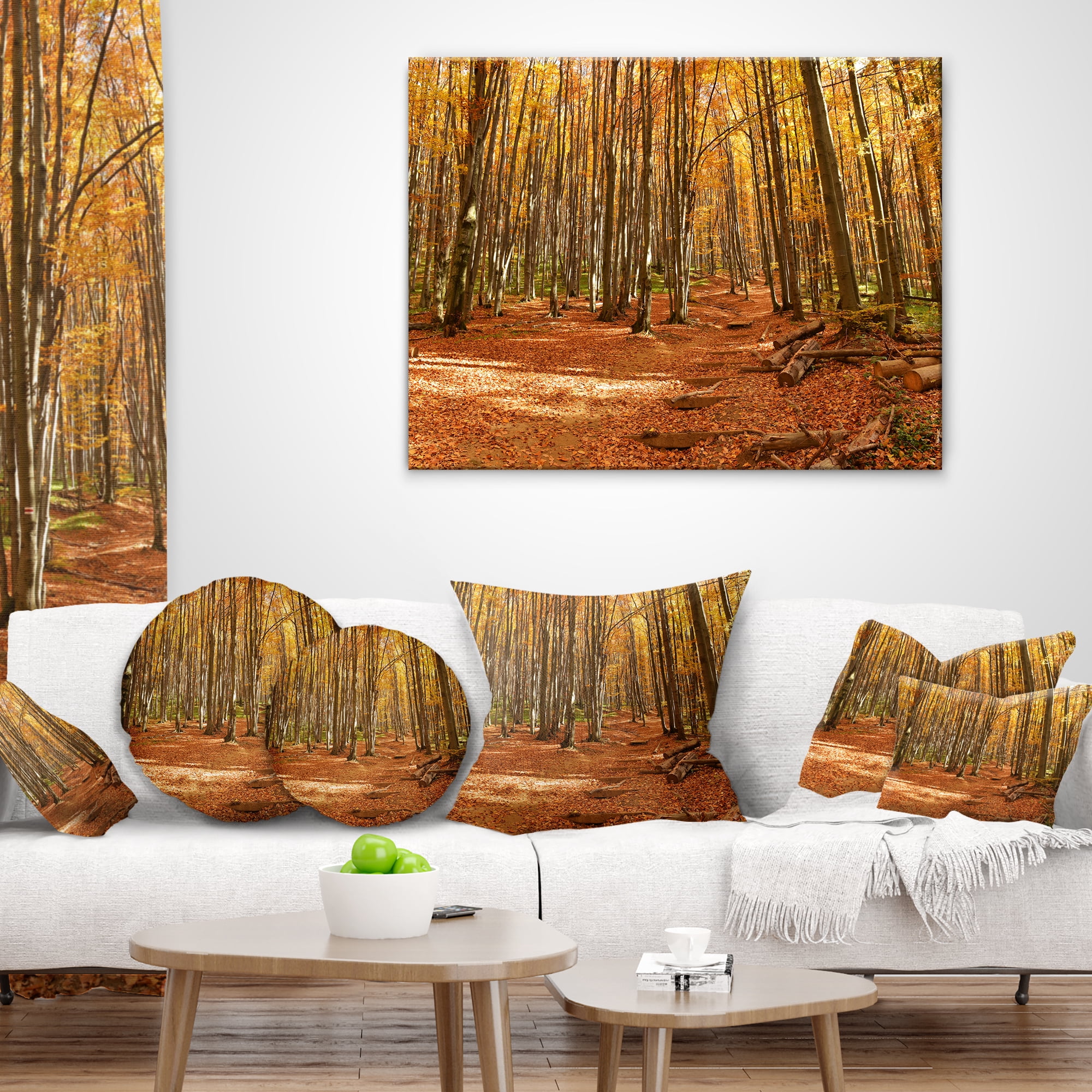 Designart Colorful Fall Forest with Fallen Leaves - Modern Forest Throw Pillow - 18x18