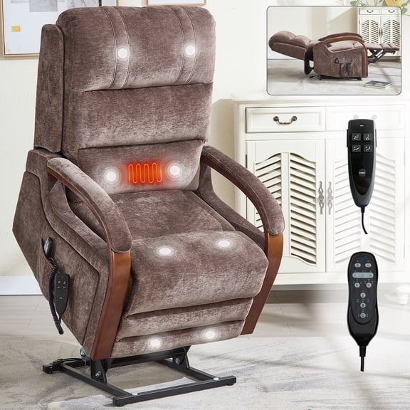 HICOMILA Power Lift Recliner Chair with Heat & Massage, Chenille Dual Motor Infinite Position Reclining Sofa with Solid Wood Armrests, Heavy Duty Motion Mechanism, 350 LBS Capacity, Brown
