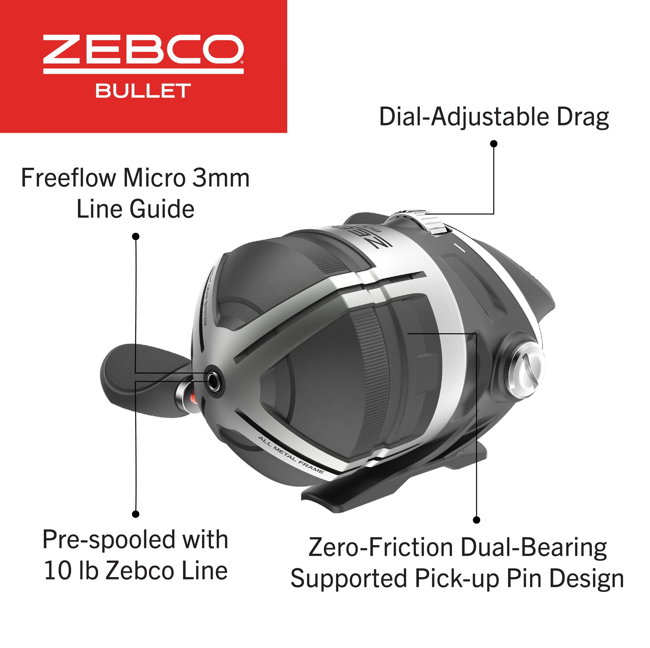 Zebco Bullet Spincast Fishing Reel, 8+1 Ball Bearings with an