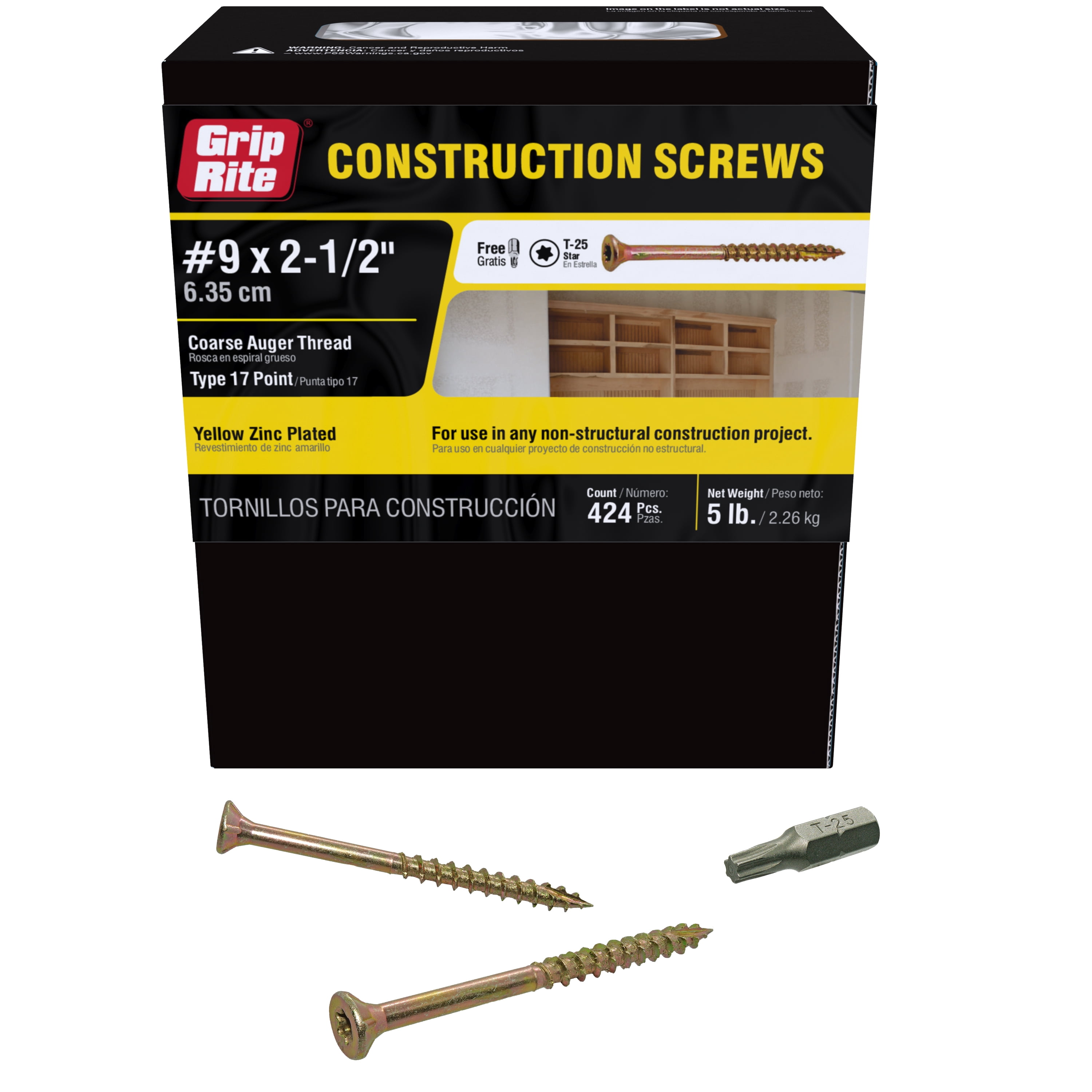 Grip-Rite #9 X 2-1/2 in. Star Drive Gold Construction Wood Screw 5 lb.