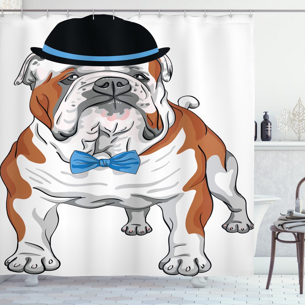 English Bulldog Shower Curtain, Pure Breed Hipster Dog with Vintage Hat