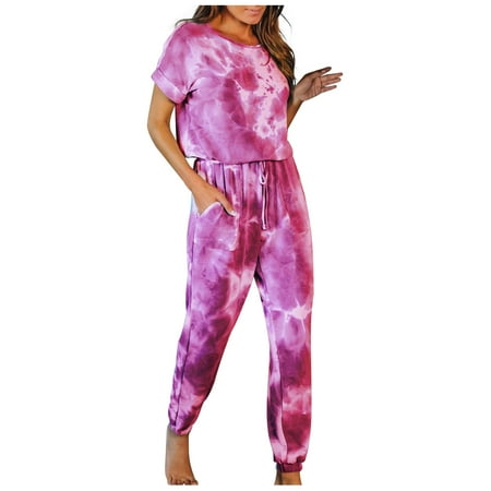 

Nightgowns for Women 2 Piece Pajama Sets Tie Dye O Neck Short Sleeve T-Shirts Elastic Waist Sweatpants Sleepwears