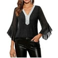 thumbnail image 5 of Pxkloy Sequin Tops for Women Party Night Casual Work Shirts 3/4 Ruffle Sleeve V Neck Blouses Mesh Fall Fashion Outfits Black,S, 5 of 7