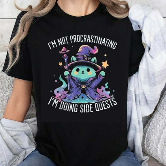 100% Cotton I M Not Procrastinating I M Doing Side Quests Wizard Cat Graphic T Shirt Funny Gamer Tee for Women and Men