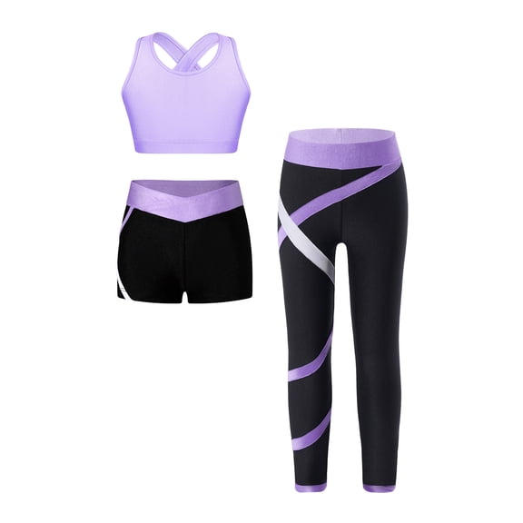 LiiYii Kids Girls Dance Sports Outfit Crop Top with Booty Shorts and Leggings 3PCS Gym Clothes Set Lavender 14