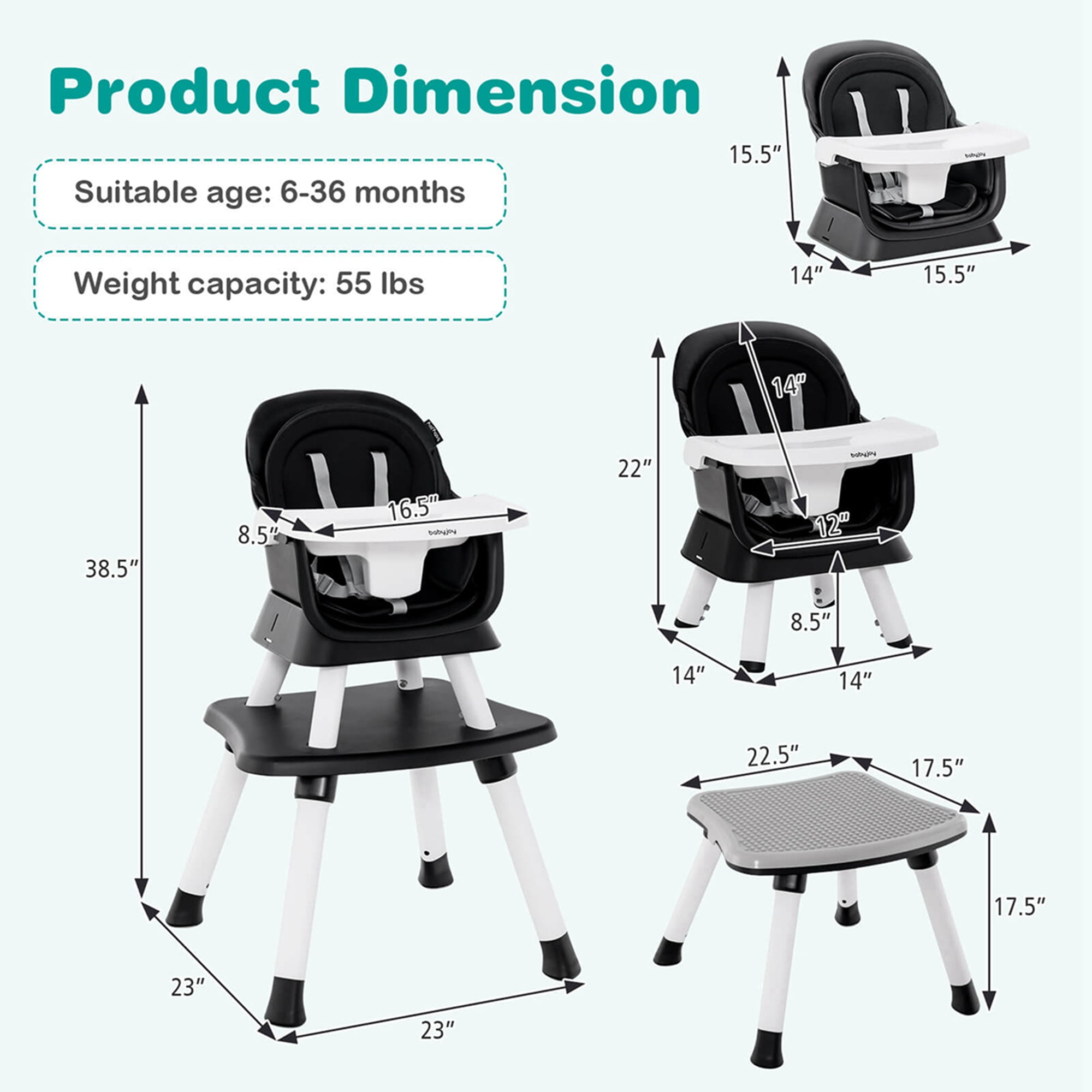 Costway  8-in-1 Baby High Chair Convertible Dining Booster Seat w/ Removable Tray Black