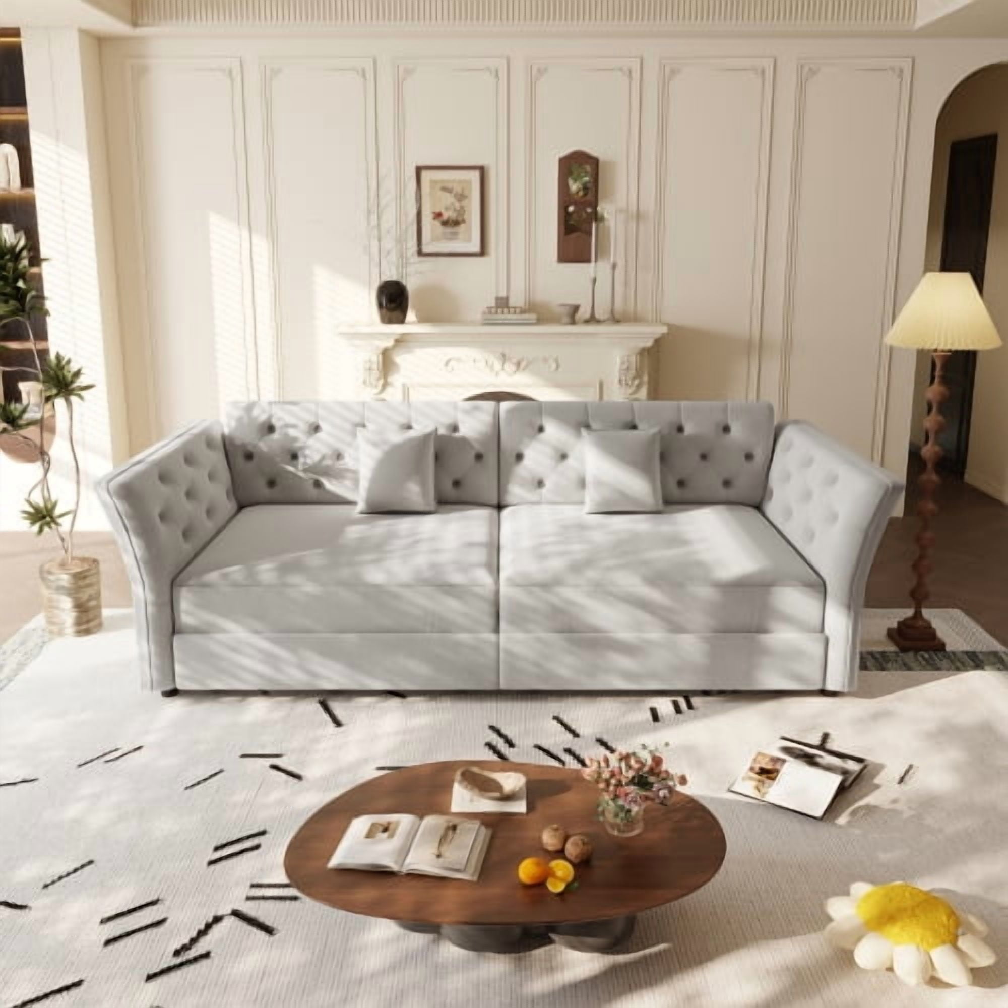 74.4" Queen Pull Out Sofa Bed, Convertible Sleeper Sofa with Handmade Fabric Flower Tufted Design, Multi-Functional Velvet Loveseat Bed for Living Room, Bedroom, Light Grey