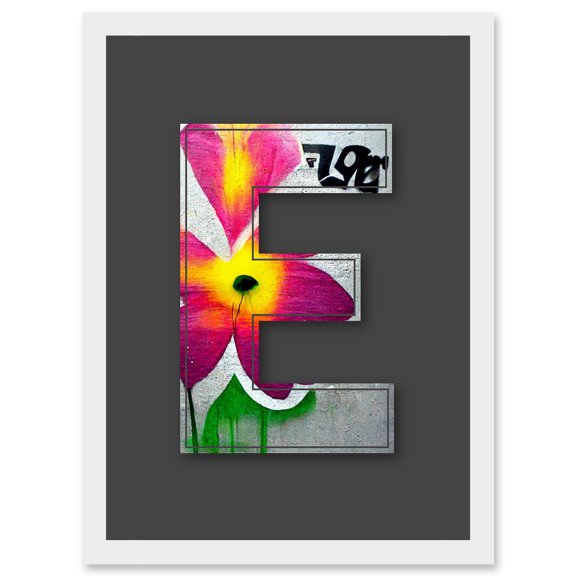 Letter E Abstract Flower Grey Decorative Graffiti Mural Alphabet Initial Stencil Artwork Framed Wall Art Print A4