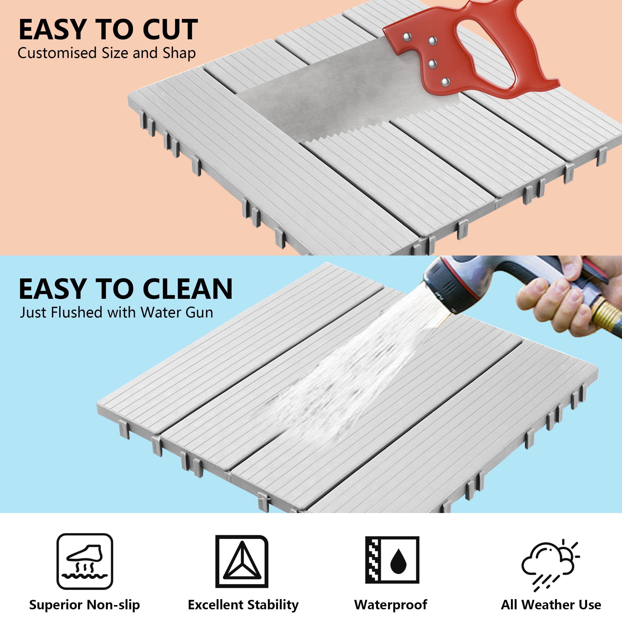 TrumanPick 72 PCS Deck Tiles Patio Pavers Interlocking Flooring Tiles 12"W x 12"L Waterproof Outdoor Flooring for Patio Garden Balcony Backyard All Weather Use, Light Gray