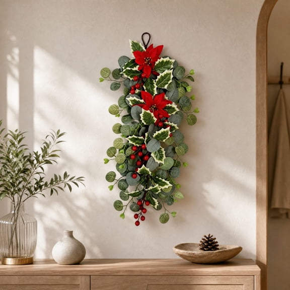 Artificial Christmas Teardrop Swag, Poinsettia Eucalyptus Hanging Wreath for Front Door, Wall, Fireplace & Holiday Home Decoration